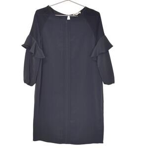 H by Halston Shift Mini Dress 3/4 Sleeve Ruffle Lace Trim Pintuck Gray Womens XS